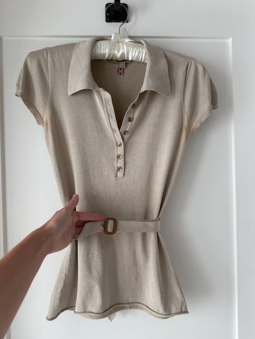 Vintage Burberry London Silk Knit Polo Top XS Beige Belted Y2K Minimalist